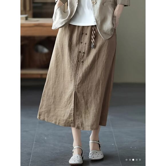 Khaki Tan Midi Skirt Elastic Waist Button Detail Pockets Capsule Wardrobe Staple - Picture 3 of 5